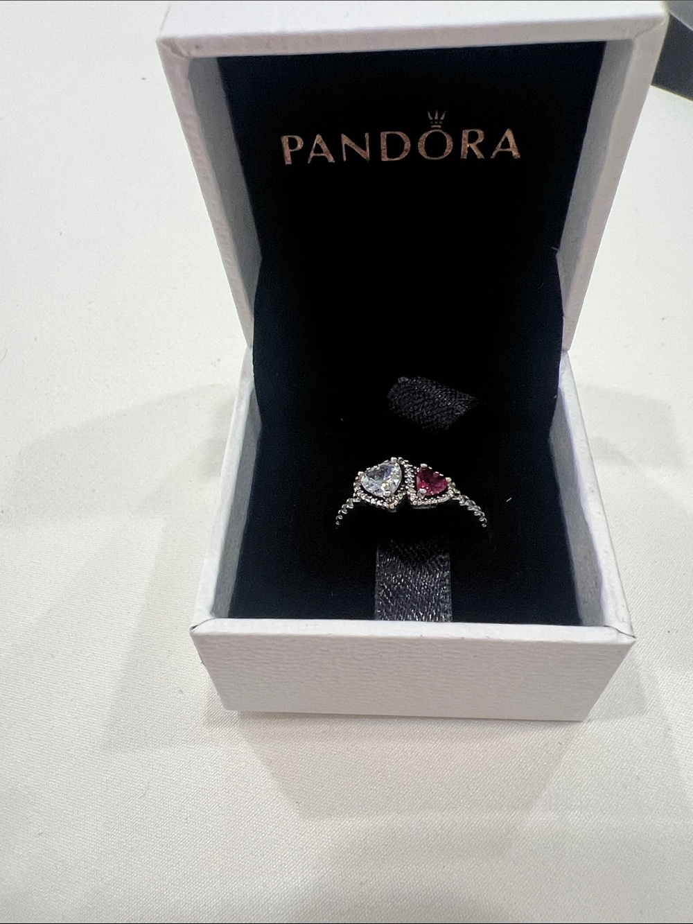Pandora Silver Ring with Clear and Pink Heart Stones